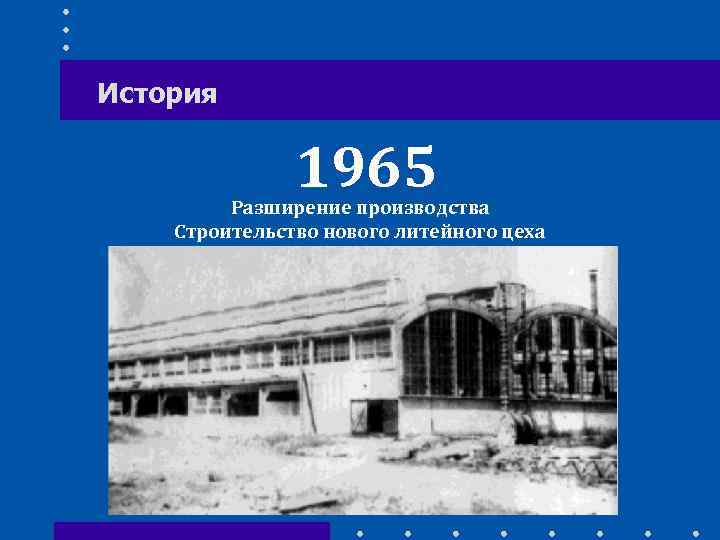 История 1965 Разширение производства Строительство нового литейного цеха 