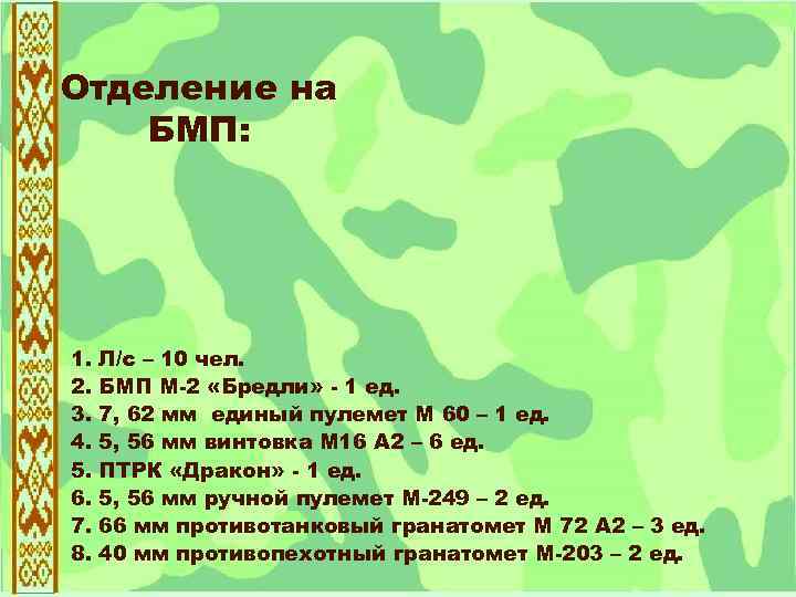 Отделение на БМП: 1. 2. 3. 4. 5. 6. 7. 8. Л/с – 10