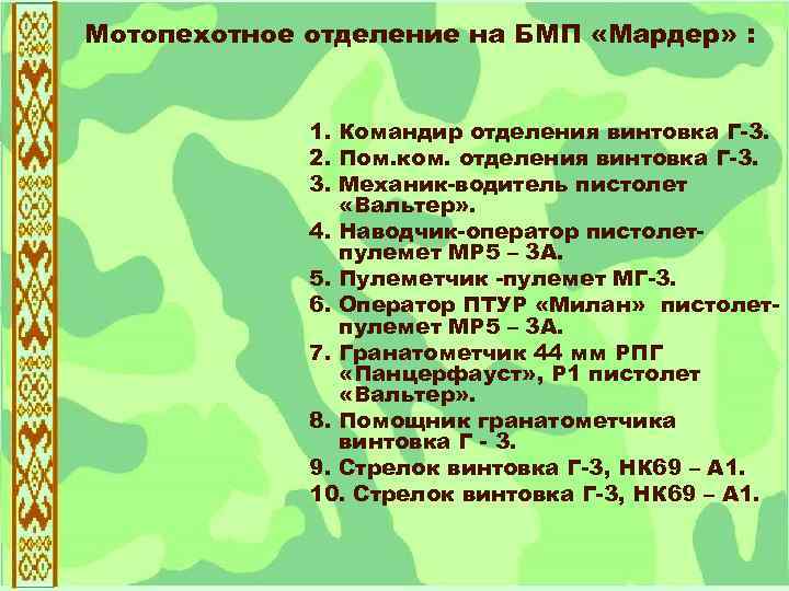 Мотопехотное отделение на БМП «Мардер» : 1. Командир отделения винтовка Г-3. 2. Пом. ком.