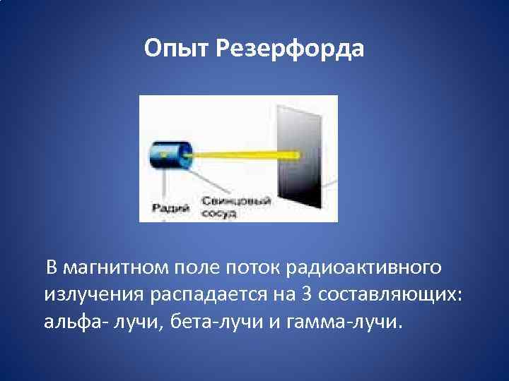 Опыт Резерфорда В магнитном поле поток радиоактивного излучения распадается на 3 составляющих: альфа- лучи,