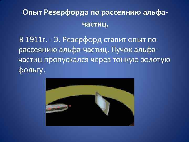 Опыт Резерфорда по рассеянию альфачастиц. В 1911 г. - Э. Резерфорд ставит опыт по