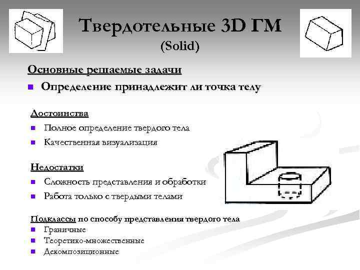 Твердотельные 3 D ГМ (Solid) Основные решаемые задачи n Определение принадлежит ли точка телу