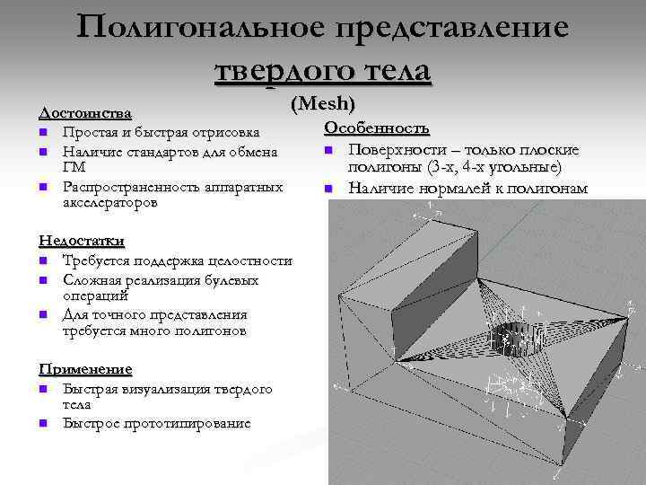 Полигональное представление твердого тела Достоинства n Простая и быстрая отрисовка n Наличие стандартов для