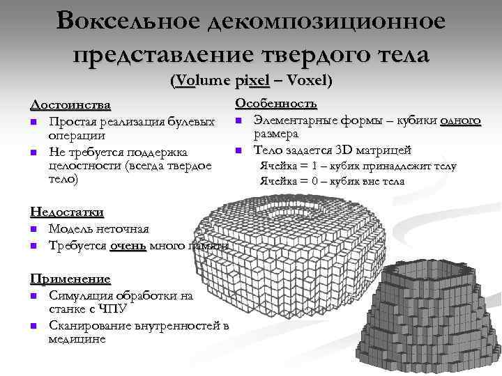 Воксельное декомпозиционное представление твердого тела (Volume pixel – Voxel) Достоинства n Простая реализация булевых