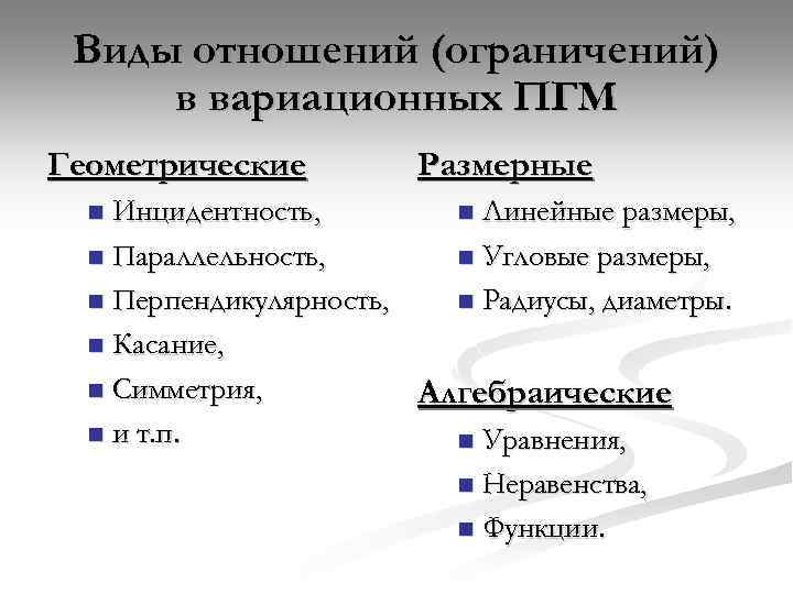 Виды отношений (ограничений) в вариационных ПГМ Геометрические Размерные Инцидентность, n Линейные размеры, n Параллельность,