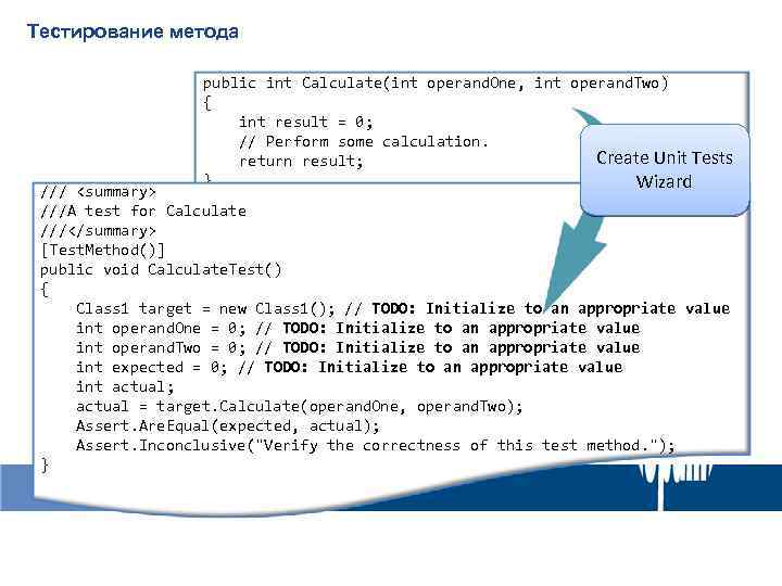 Тестирование метода public int Calculate(int operand. One, int operand. Two) { int result =