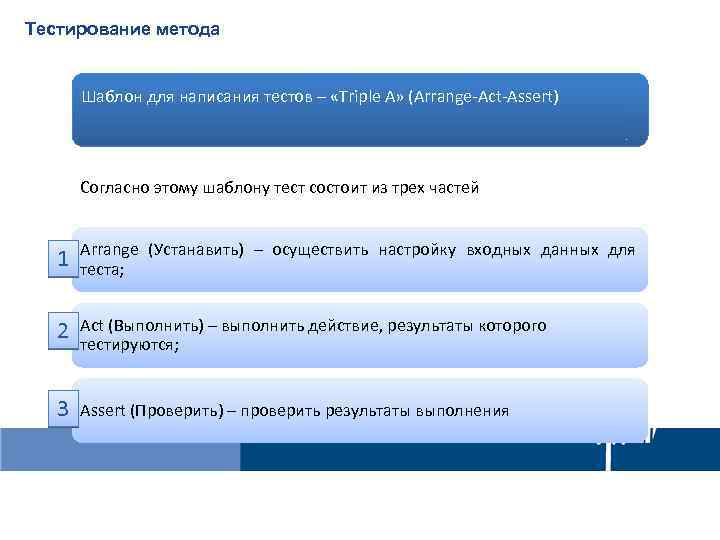 Тестирование метода Шаблон для написания тестов – «Triple A» (Arrange-Act-Assert) Согласно этому шаблону тест