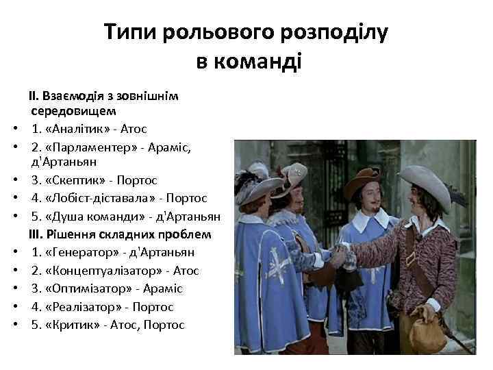 Типи рольового розподілу в команді • • • II. Взаємодія з зовнішнім середовищем 1.