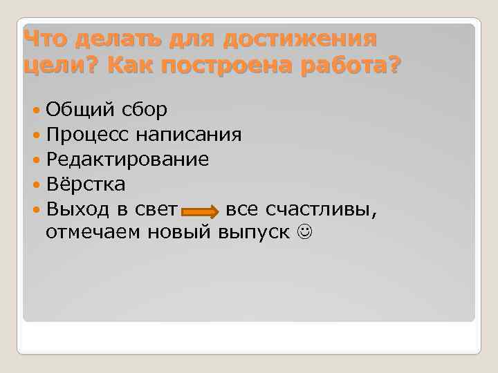 Что делать для достижения цели? Как построена работа? Общий сбор Процесс написания Редактирование Вёрстка