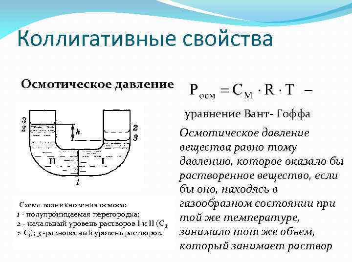 Коллигативные свойства Осмотическое давление уравнение Вант- Гоффа Схема возникновения осмоса: 1 - полупроницаемая перегородка;