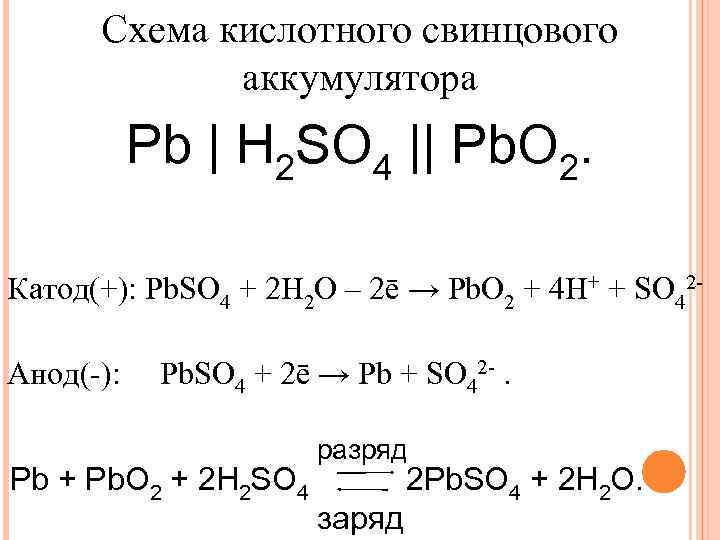 Схема кислотного свинцового аккумулятора Pb | H 2 SO 4 || Pb. O 2.