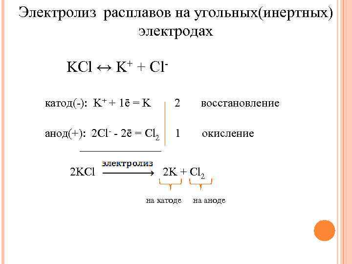 Электролиз расплавов на угольных(инертных) электродах KCl ↔ K+ + Clкатод(-): K+ + 1ē =