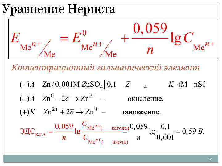 Уравнение Нернста Концентрационный гальванический элемент 14 