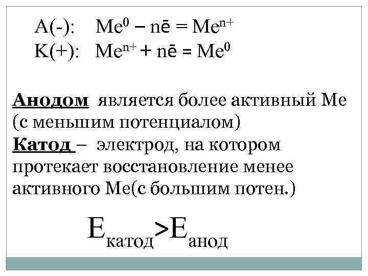 А(-): Ме 0 – nē = Men+ K(+): Men+ + nē = Ме 0