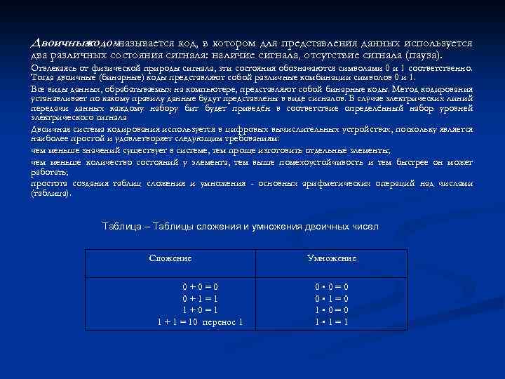 Двоичным кодомназывается код, в котором для представления данных используется два различных состояния сигнала: наличие