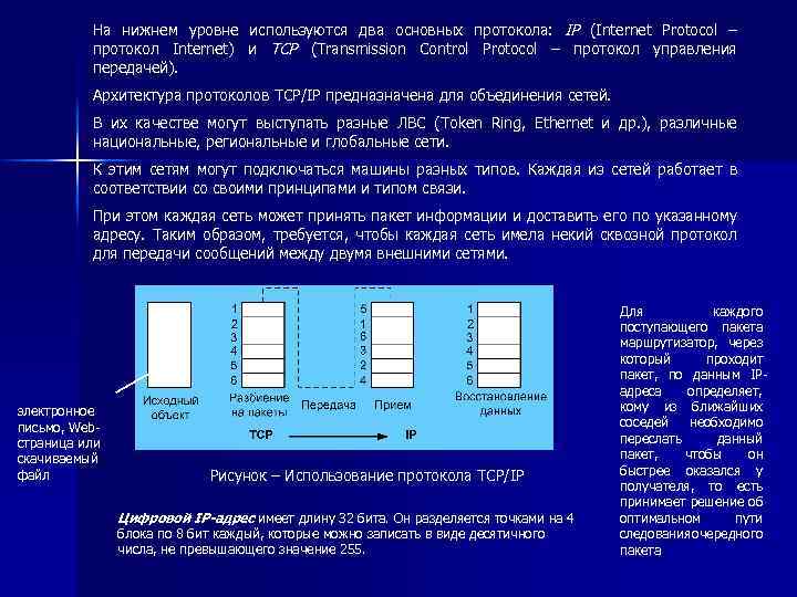 На нижнем уровне используются два основных протокола: IP (Internet Protocol – протокол Internet) и