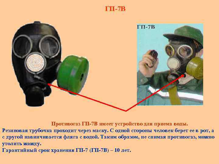 ГП-7 В Противогаз ГП-7 В имеет устройство для приема воды. Резиновая трубочка проходит через
