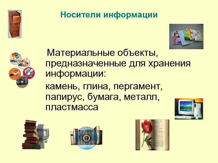 Носители информации Материальные объекты, предназначенные для хранения информации: камень, глина, пергамент, папирус, бумага, металл,