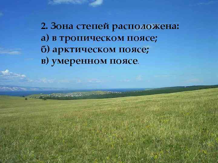 2. Зона степей расположена: а) в тропическом поясе; б) арктическом поясе; в) умеренном поясе.