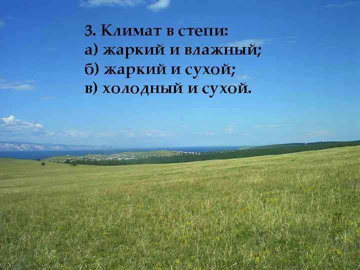 3. Климат в степи: а) жаркий и влажный; б) жаркий и сухой; в) холодный