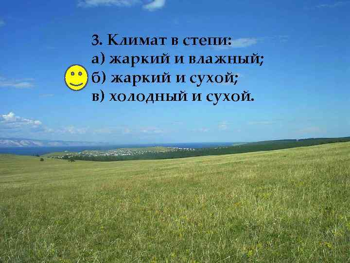 3. Климат в степи: а) жаркий и влажный; б) жаркий и сухой; в) холодный