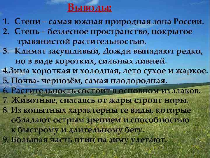Выводы: 1. Степи – самая южная природная зона России. 2. Степь – безлесное пространство,