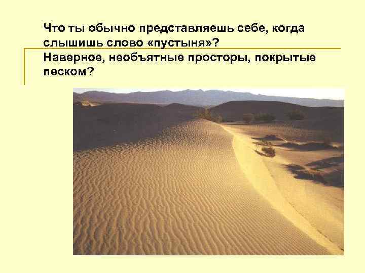 Что ты обычно представляешь себе, когда слышишь слово «пустыня» ? Наверное, необъятные просторы, покрытые