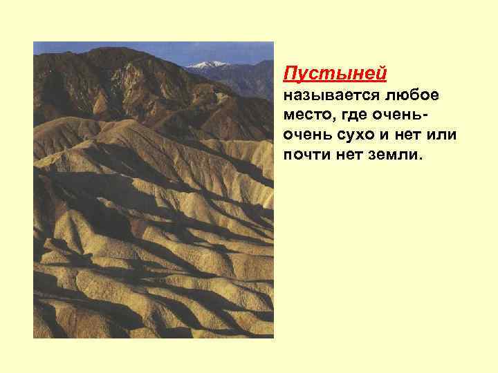 Пустыней называется любое место, где очень сухо и нет или почти нет земли. 