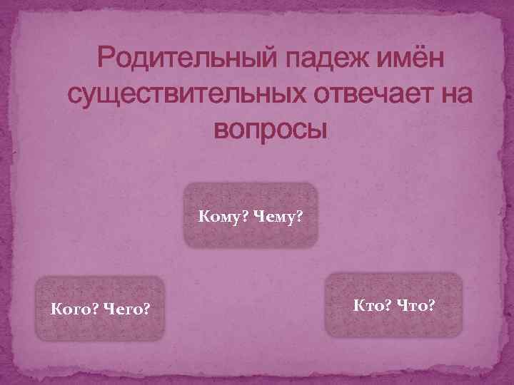 Родительный падеж имён существительных отвечает на вопросы Кому? Чему? Кого? Чего? Кто? Что? 