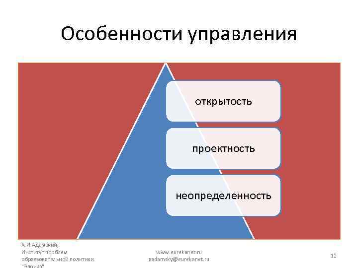 Особенности управления открытость проектность неопределенность А. И. Адамский, Институт проблем образзовательной политики www. eurekanet.