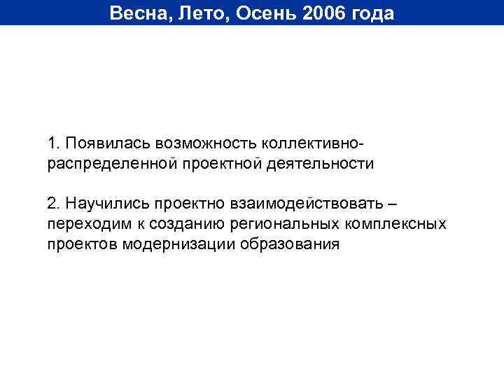 Весна, Лето, Осень 2006 года 1. Появилась возможность коллективнораспределенной проектной деятельности 2. Научились проектно