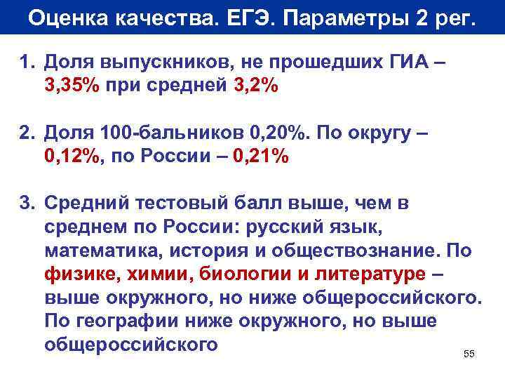 Оценка качества. ЕГЭ. Параметры 2 рег. 1. Доля выпускников, не прошедших ГИА – 3,