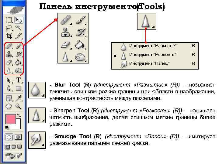 Панель инструментов (Tools) - Blur Tool (R) (Инструмент «Размытие» (R)) – позволяет смягчить слишком