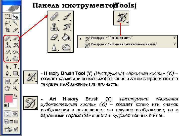 Панель инструментов (Tools) - History Brush Tool (Y) (Инструмент «Архивная кисть» (Y)) – создает