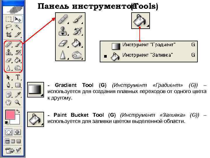 Панель инструментов (Tools) - Gradient Tool (G) (Инструмент «Градиент» (G)) – используется для создания