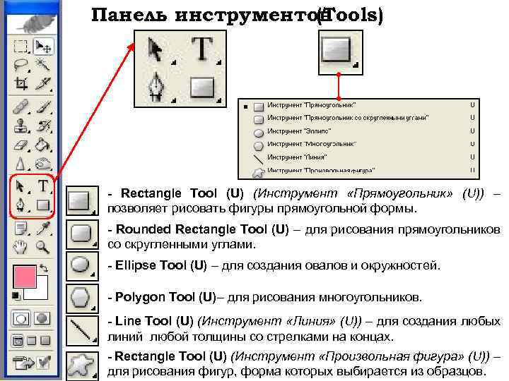 Панель инструментов (Tools) - Rectangle Tool (U) (Инструмент «Прямоугольник» (U)) – позволяет рисовать фигуры