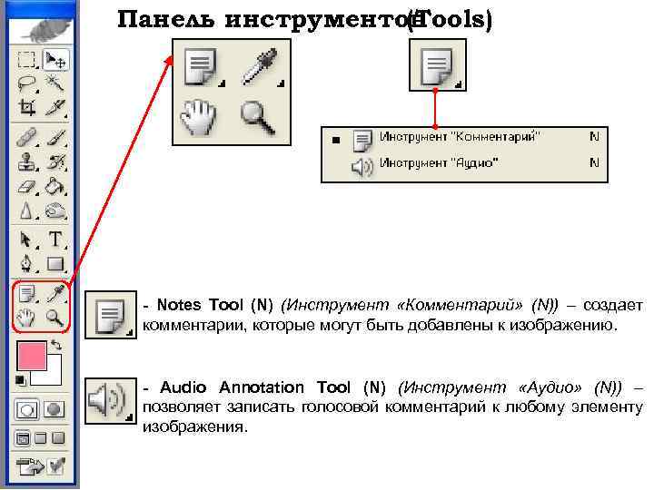 Панель инструментов (Tools) - Notes Tool (N) (Инструмент «Комментарий» (N)) – создает комментарии, которые