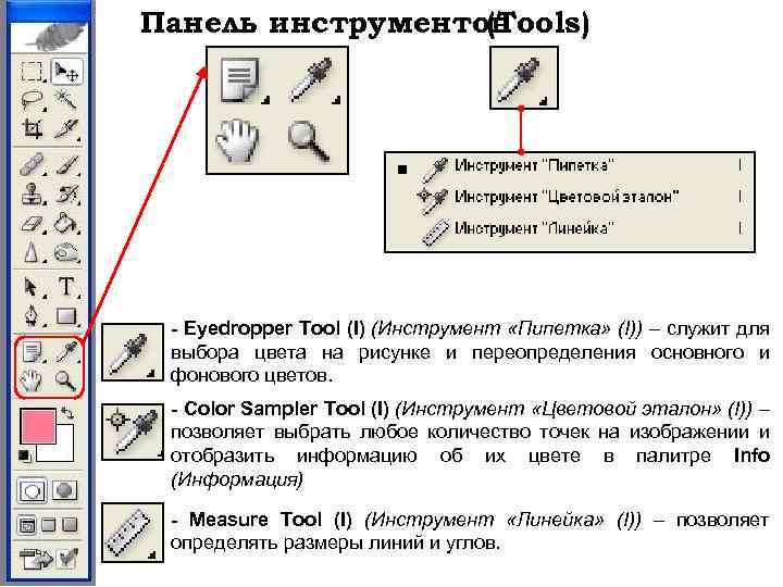 Панель инструментов (Tools) - Eyedropper Tool (I) (Инструмент «Пипетка» (I)) – служит для выбора