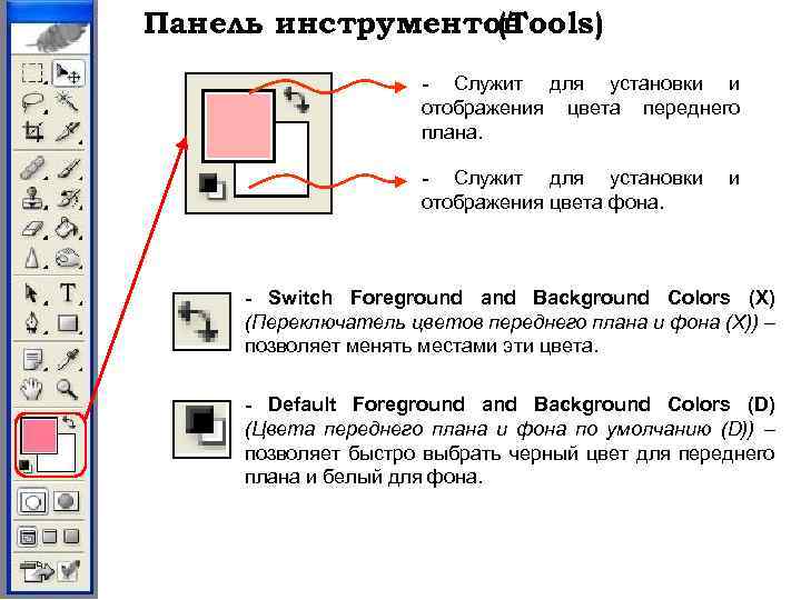 Панель инструментов (Tools) - Служит для установки и отображения цвета переднего плана. - Служит