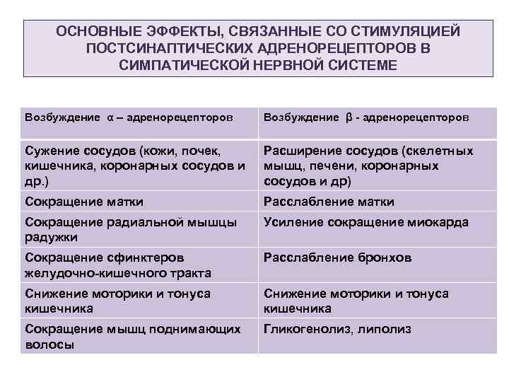 ОСНОВНЫЕ ЭФФЕКТЫ, СВЯЗАННЫЕ СО СТИМУЛЯЦИЕЙ ПОСТСИНАПТИЧЕСКИХ АДРЕНОРЕЦЕПТОРОВ В СИМПАТИЧЕСКОЙ НЕРВНОЙ СИСТЕМЕ Возбуждение α –