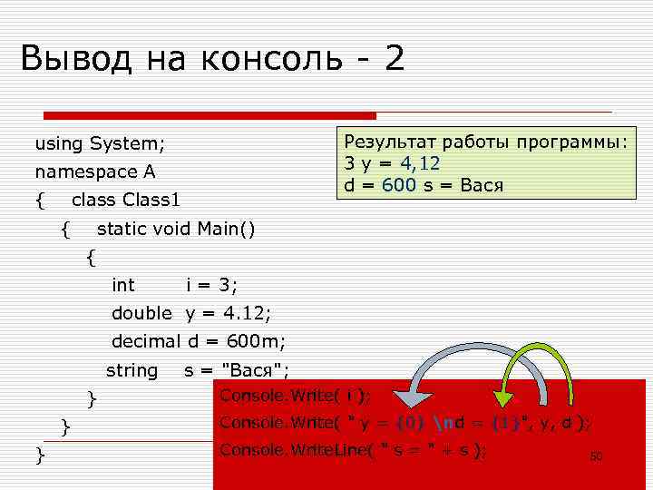 Вывод на консоль - 2 Результат работы программы: 3 y = 4, 12 d