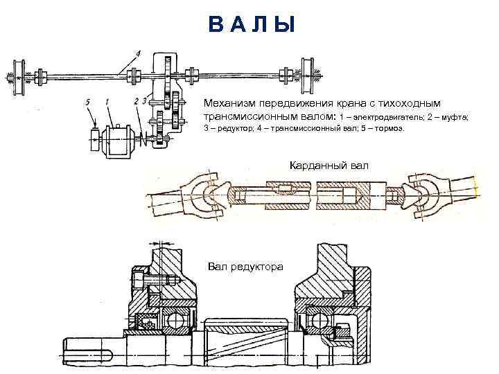 ВАЛЫ Механизм передвижения крана с тихоходным трансмиссионным валом: 1 – электродвигатель; 2 – муфта;