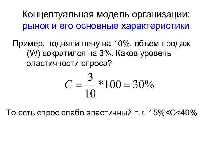Концептуальная модель организации: рынок и его основные характеристики Пример, подняли цену на 10%, объем