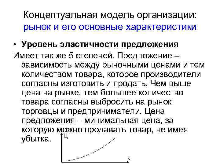 Концептуальная модель организации: рынок и его основные характеристики • Уровень эластичности предложения Имеет так