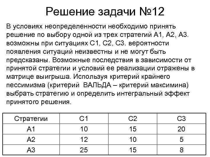 Решение задачи № 12 В условиях неопределенности необходимо принять решение по выбору одной из