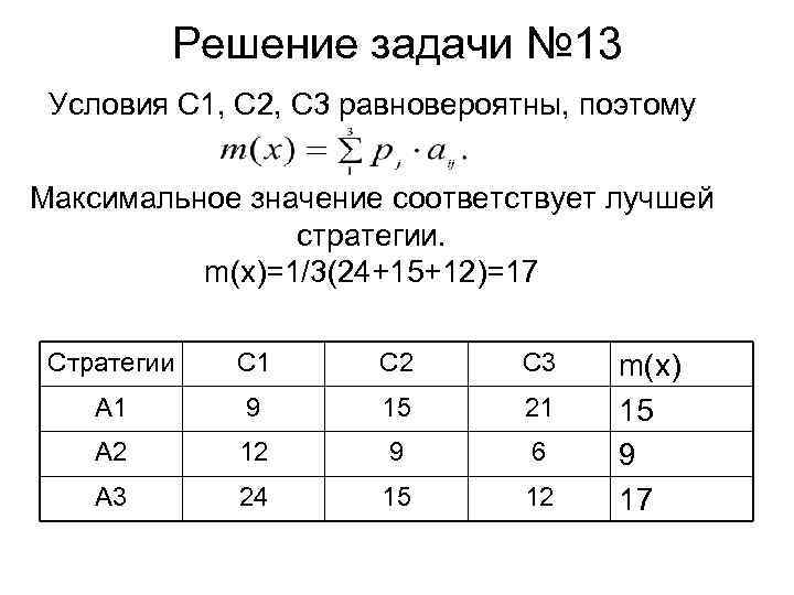 Решение задачи № 13 Условия С 1, С 2, С 3 равновероятны, поэтому Максимальное