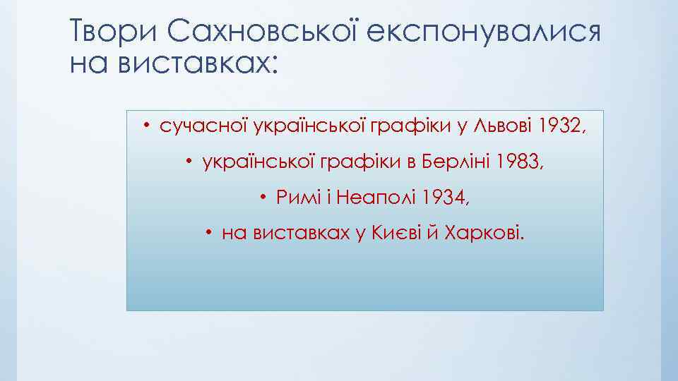 Твори Сахновської експонувалися на виставках: • сучасної української графіки у Львові 1932, • української