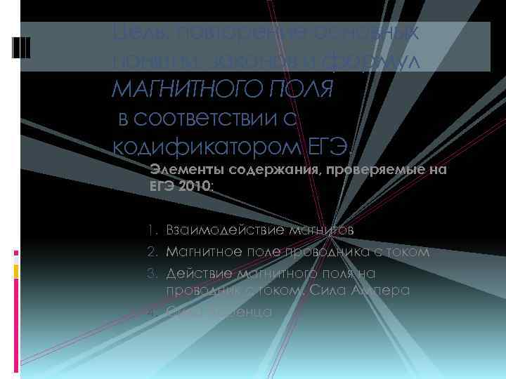 Цель: повторение основных понятий, законов и формул МАГНИТНОГО ПОЛЯ в соответствии с кодификатором ЕГЭ.