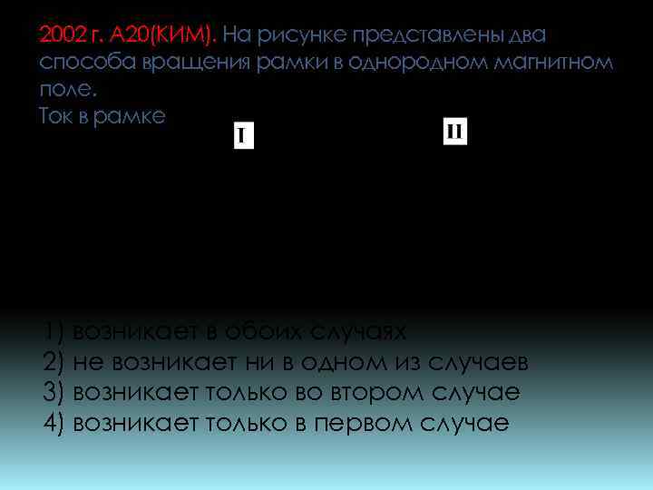 2002 г. А 20(КИМ). На рисунке представлены два способа вращения рамки в однородном магнитном