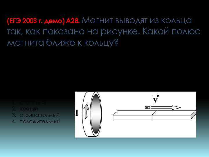 Магнит выводят из кольца так как изображено на рисунке какой полюс магнита ближе к кольцу